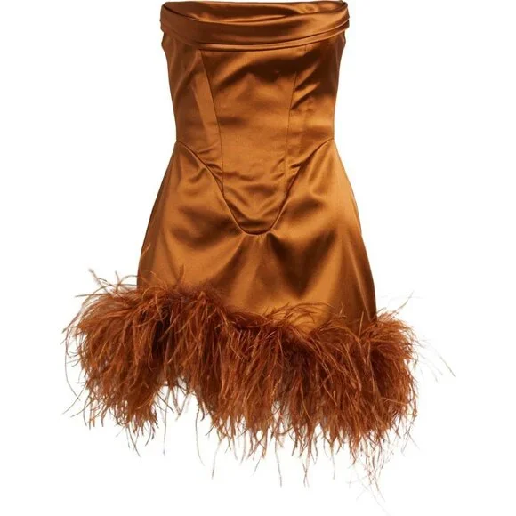 DELFI COLLECTIVE Adrienne Ostrich Feather Strapless bronze Mini dress size M - Picture 3 of 11